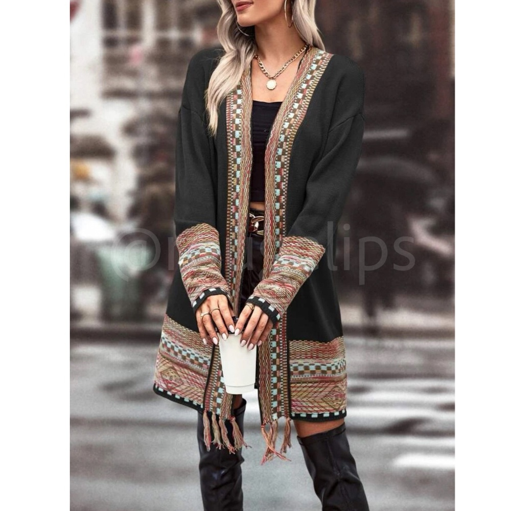 Black Cardigan Aztec Western Bohemian Print Knit Long Sleeve - Picture 6 of 16